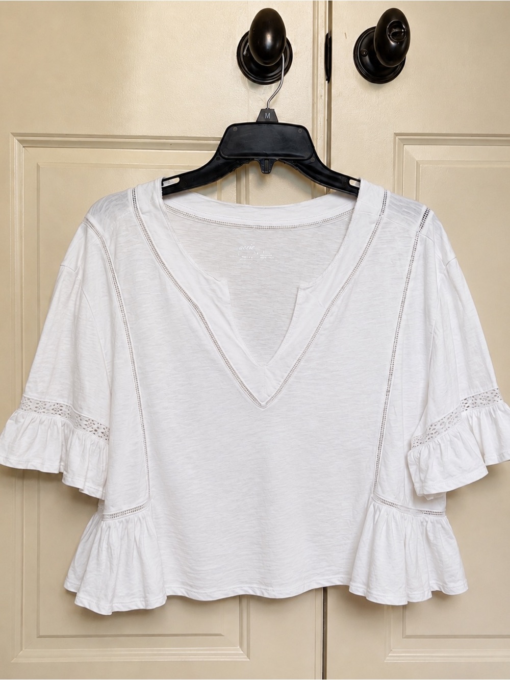 Aerie Flowy Cropped Notch Neck Ruffle Top White Size M